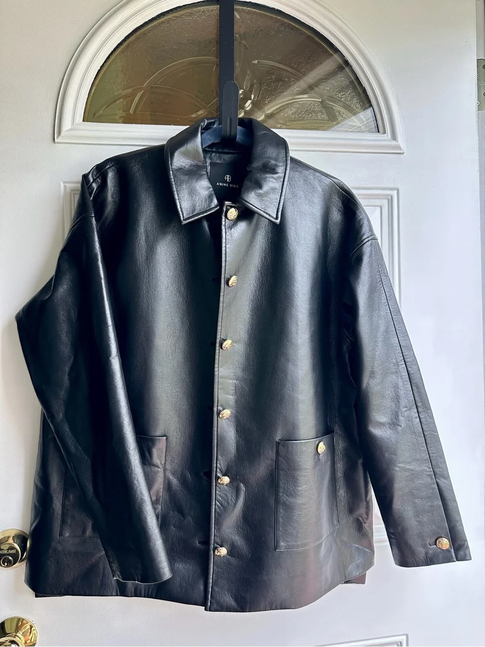 Anine Bing Luca Black Leather Button-Front Jacket with Gold Hardware